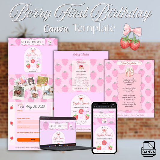 Berry First Birthday [Interactive Canva Website Invitation Template]